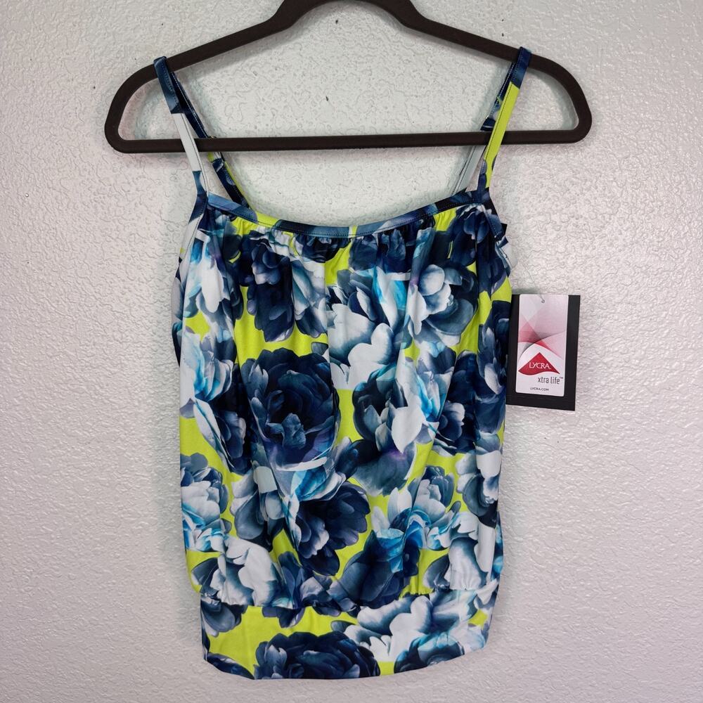 Maxine of Hollywood Swim Top Womens 6 Blue Floral Blouson Tankini Resort NEW